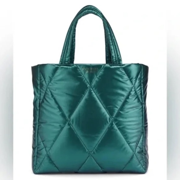 VS Victoria's Secret Puffer Tote Christmas Holiday 2022 Exclusive Metallic Green - Picture 1 of 6
